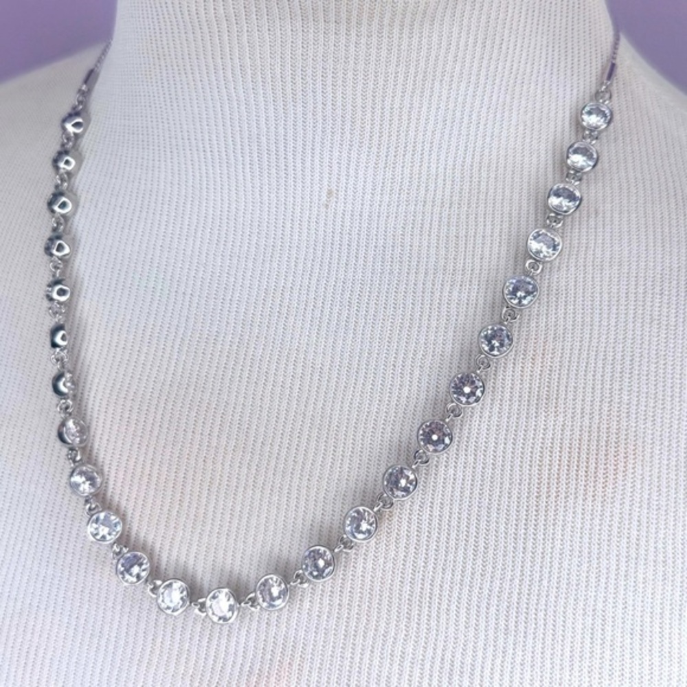 Silver Crystal Tennis Necklace Bezel Set Jewel Adjustable Minimalist Clear stone